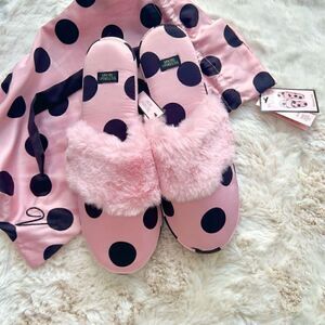 NWT Victoria’s Secret Polkadot Satin Slippers Black Pink Faux Fur size M (7-8)